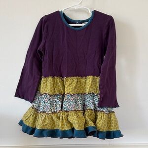 Girls Long Sleeve Ruffle Dress in Plum & Mustard